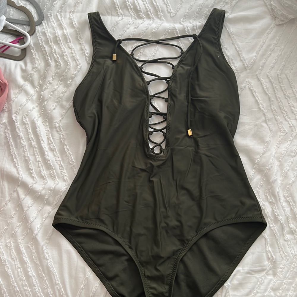 Army green one piece bathing suit with lace up front